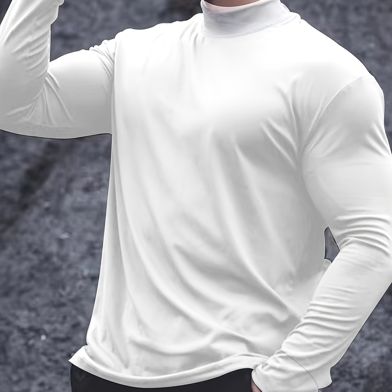 

Men's Casual Solid Color High-neck Long Sleeve T-shirt - Polyester Knit Fabric, Medium Stretch, Round Neck, Regular Fit For Adults - Spring/fall Collection