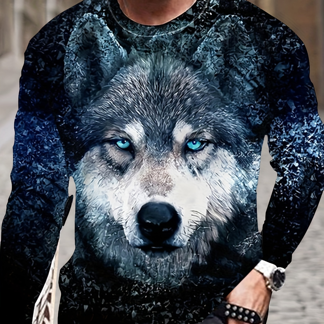 Wolf Cool 3d Print Men's Long Sleeve Casual T Shirt, Novelty Crew