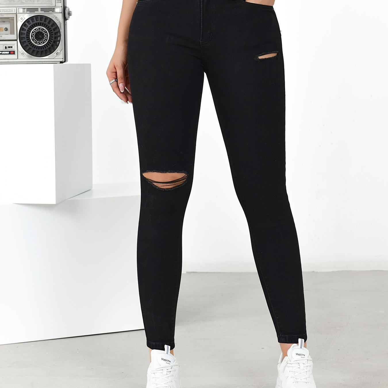 Ripped Plain Black Skinny Jeans High Stretch Slash Pocket - Temu