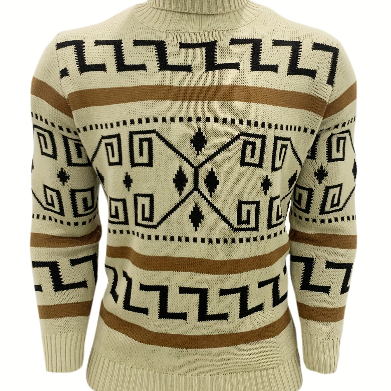 Plus Size Men's Ethnic Pattern Print Sweatshirt Knit Turtleneck Pullover For Fall Winter, Men's Clothing