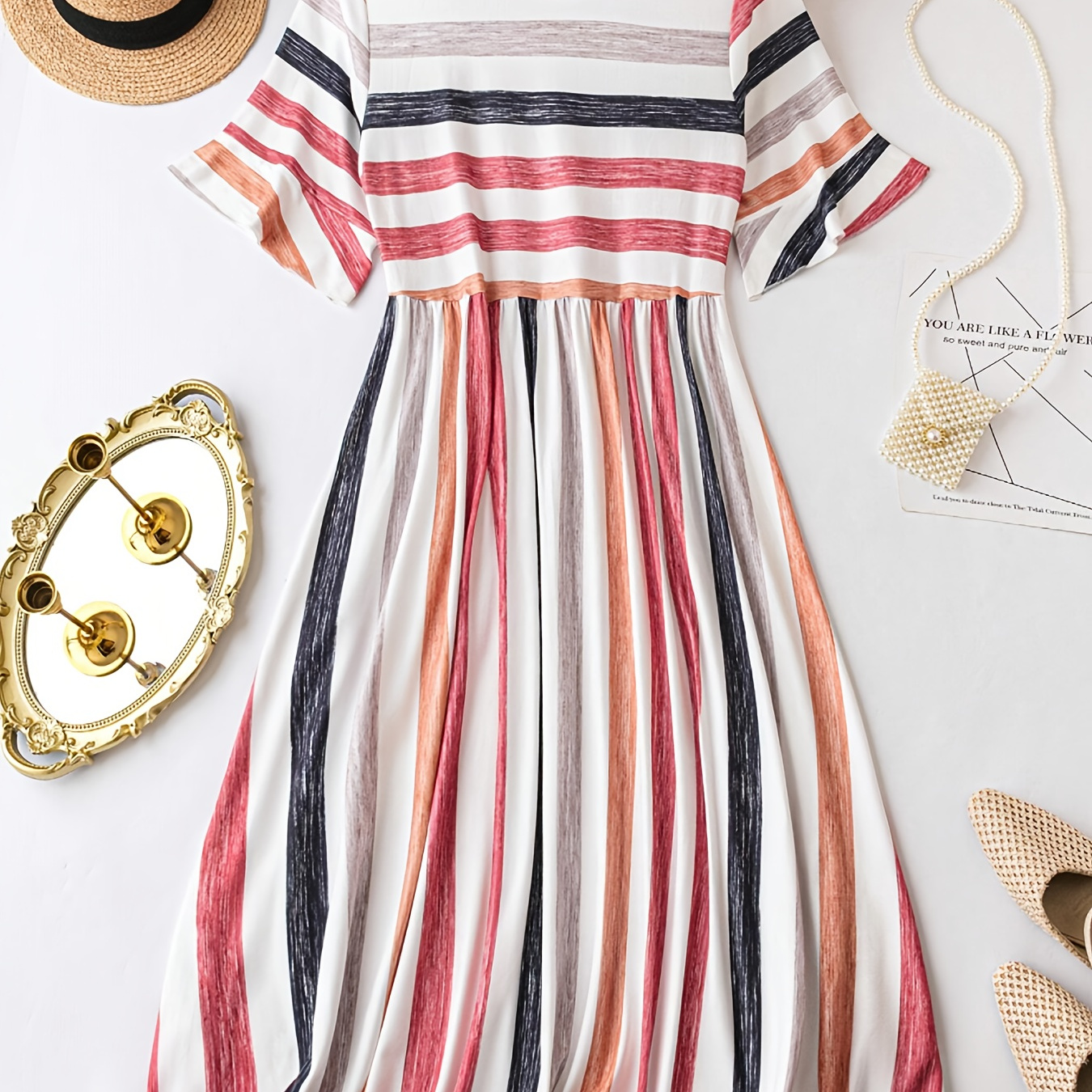 

Plus Size Stripe Print Cinched Waist Dress, Casual Short Sleeve Dress For Spring & Summer, Women's Plus Size Clothing