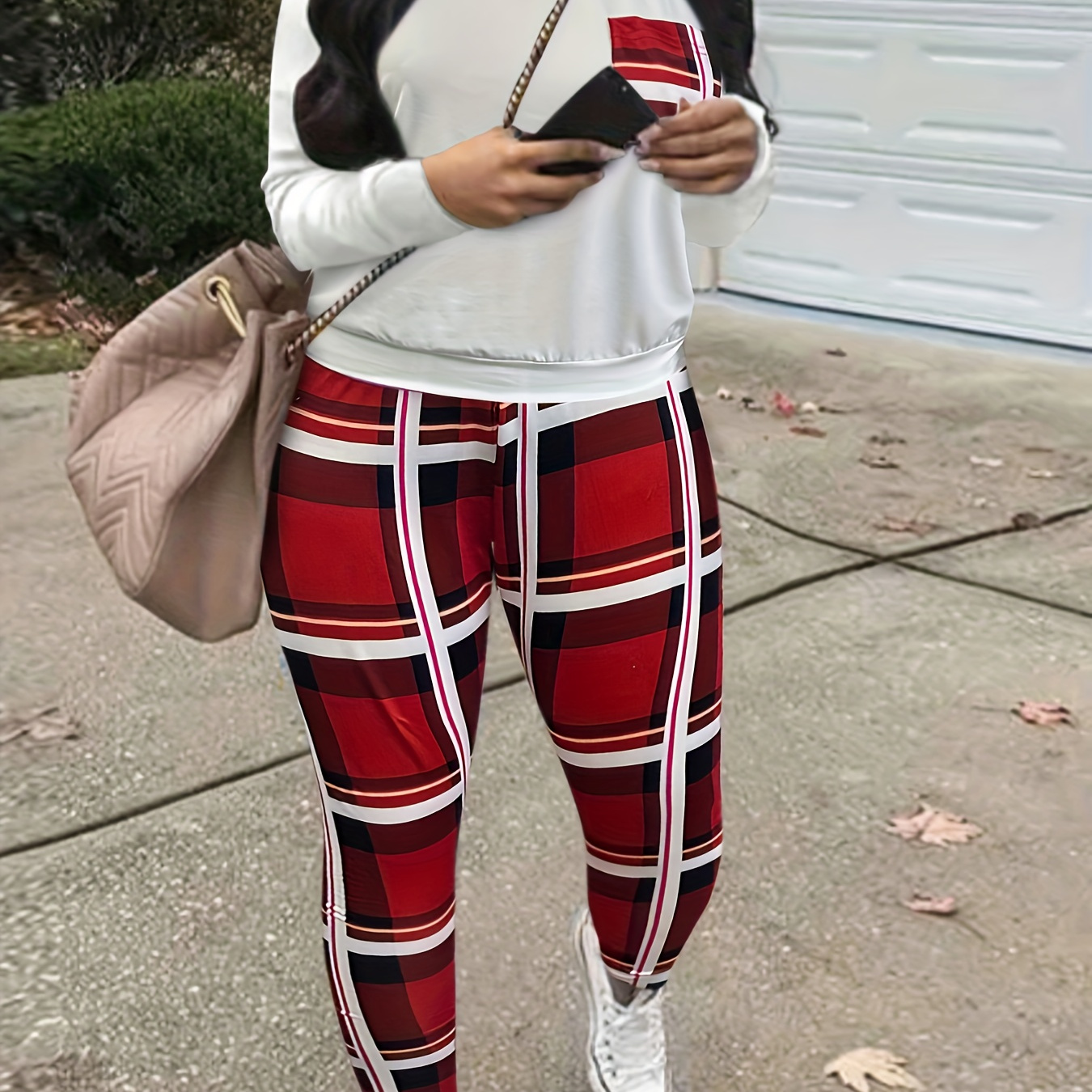 

Plaid Print Casual Two-piece Set, Crew Neck Long Sleeve Tops & Long Length Pants Outfits, Women's Clothing