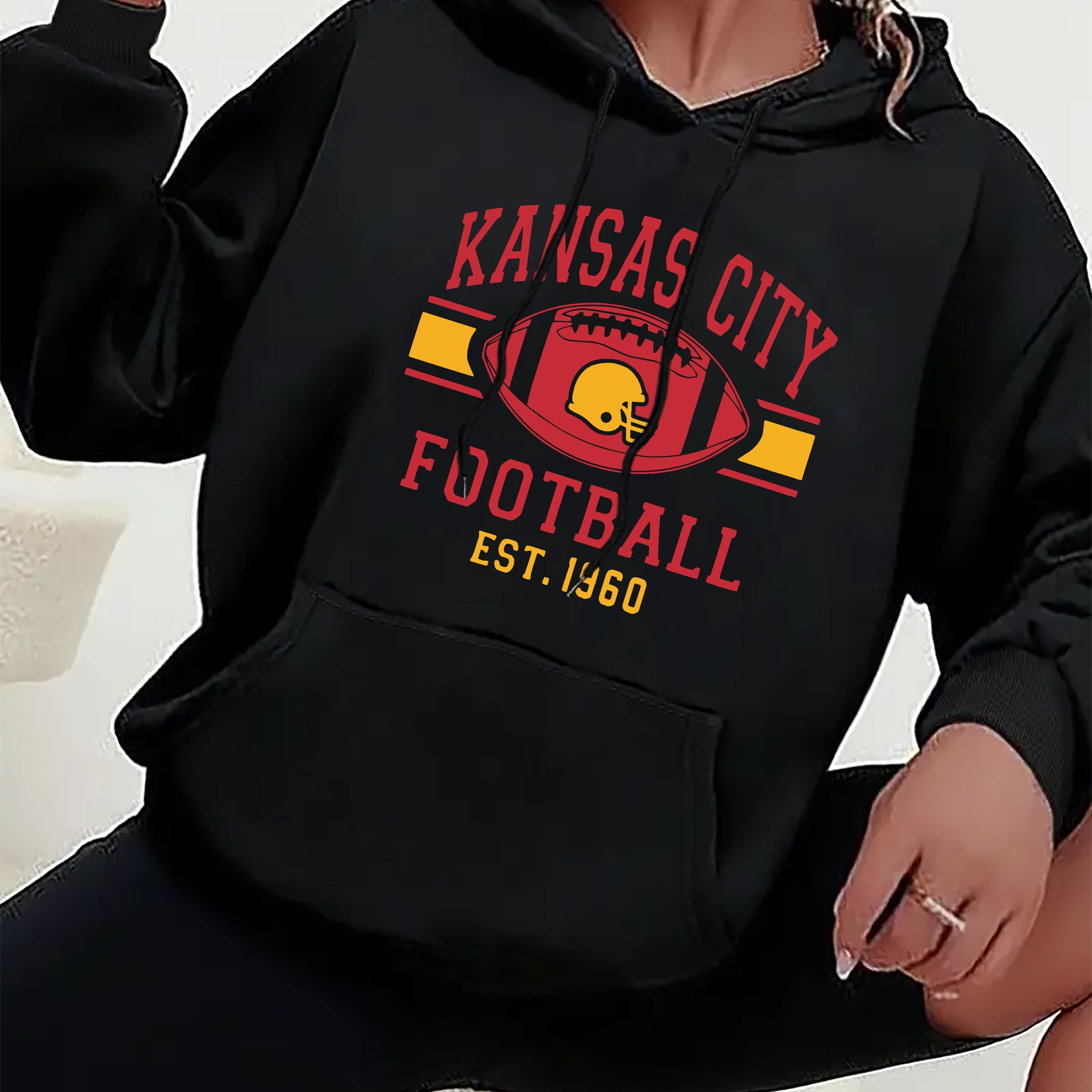 

Hoodie - Casual Polyester Knit Pullover With Hood, Geometric Pattern, Long Sleeve Hooded Sweatshirt For Women