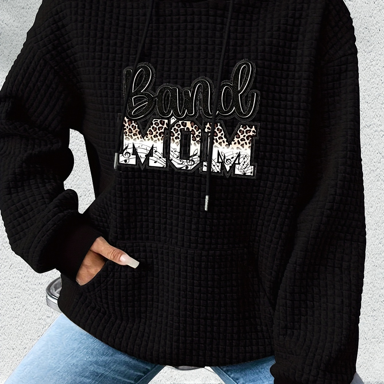 

Vintage Band Mom Alphabet Applique Hoodie - 95% Polyester 5% Spandex Knit Fabric, Hooded Pullover With Applique Detail