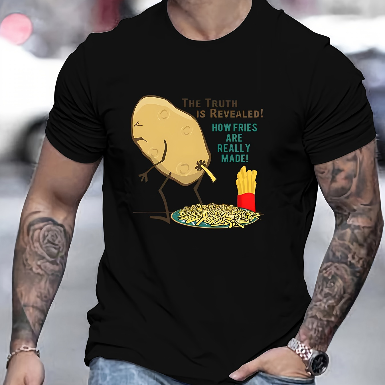 

Potato Producing French Fries Print Tee Shirt, Tees For Men, Casual Short Sleeve T-shirt For Summer