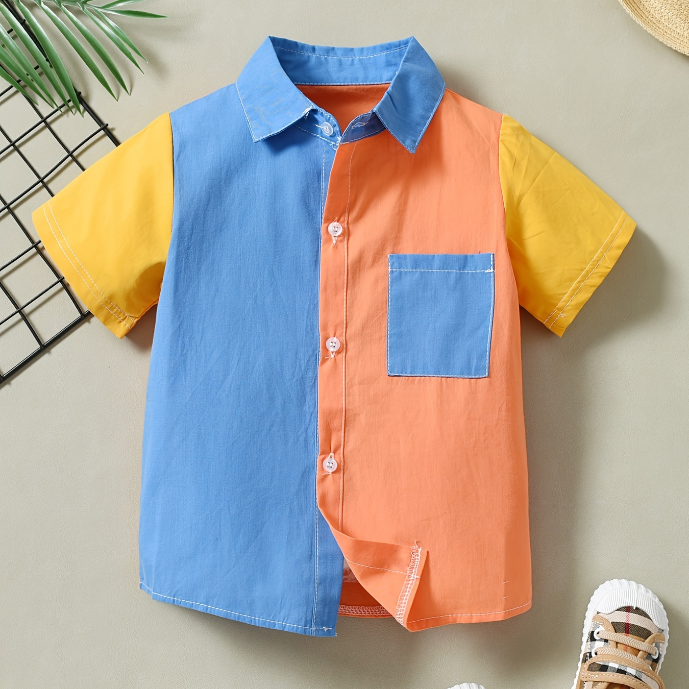 Boys Color Block Short Sleeve Shirts Button Down Cardigan Collar Shirts