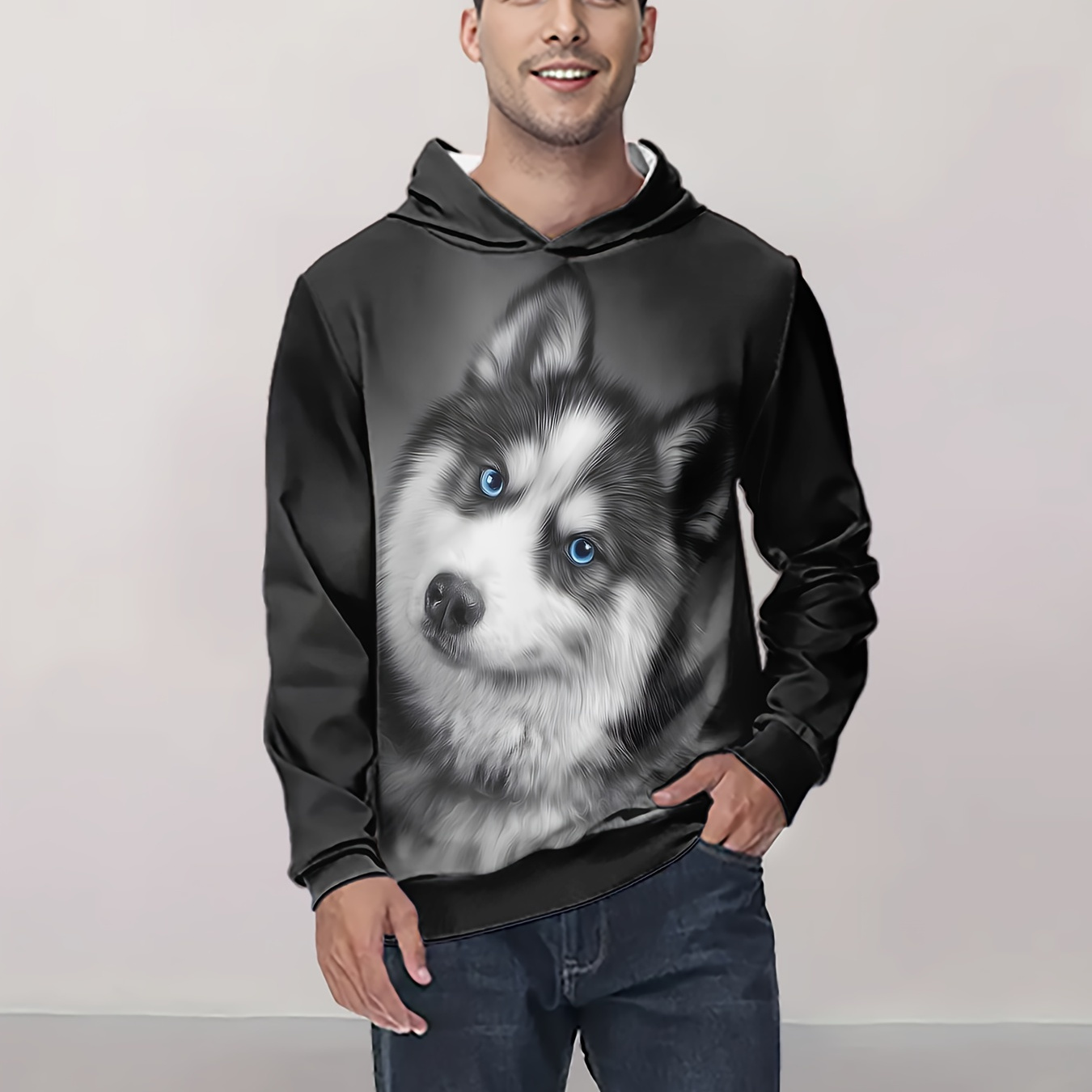 

Men's Casual Husky 3d Print Hoodie - Long Sleeve, Polyester, Machine Washable, Ideal For Spring & Fall Outdoor Activities