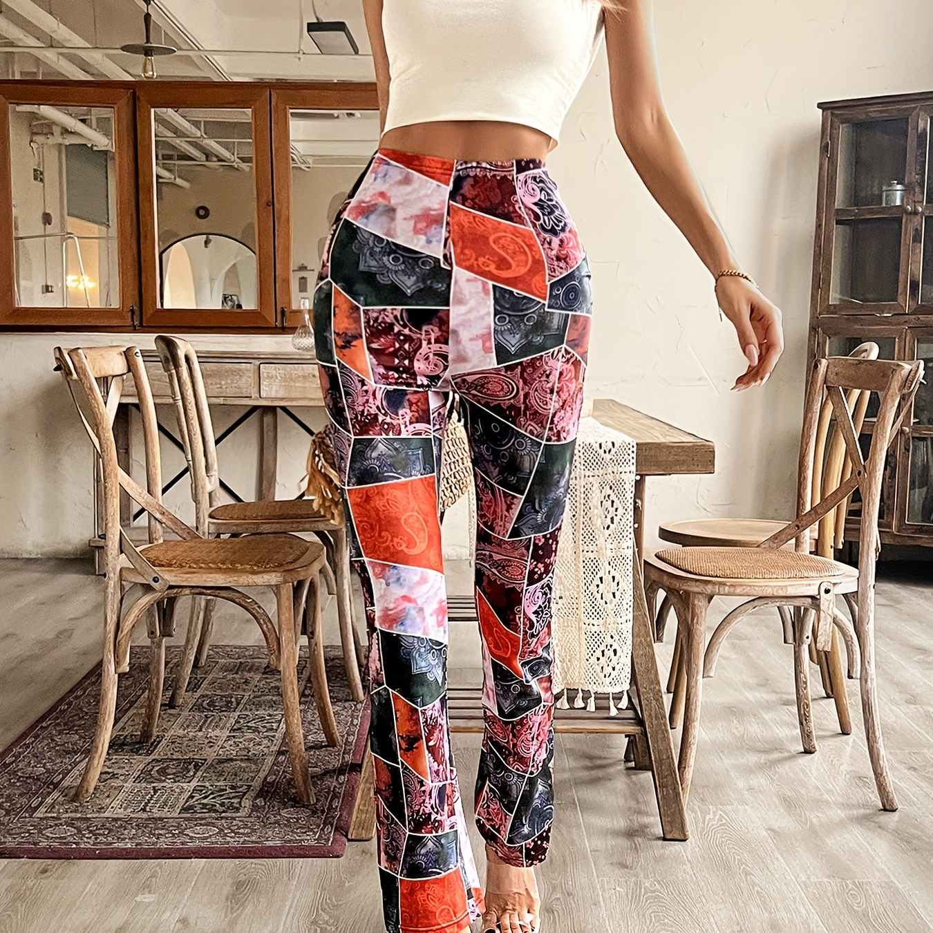 

Y2k Patchwork Print Pants, Casual High Waist Flare Leg Pants, Women's Clothing