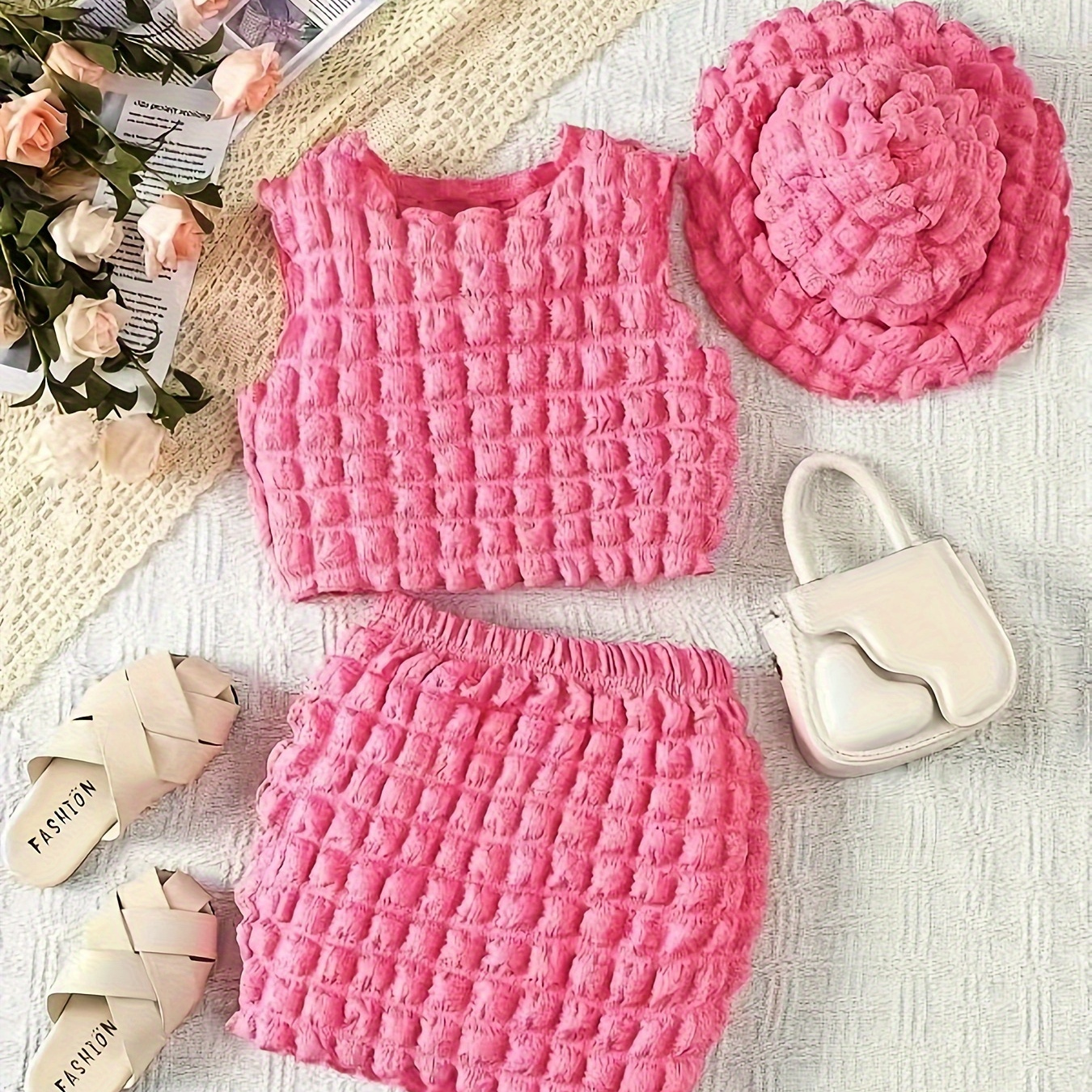 

2pcs Girl's Trendy Textured Outfits, Bubble Knit Tank Top + Shorts With Hat Set For Summer Clothes Gift