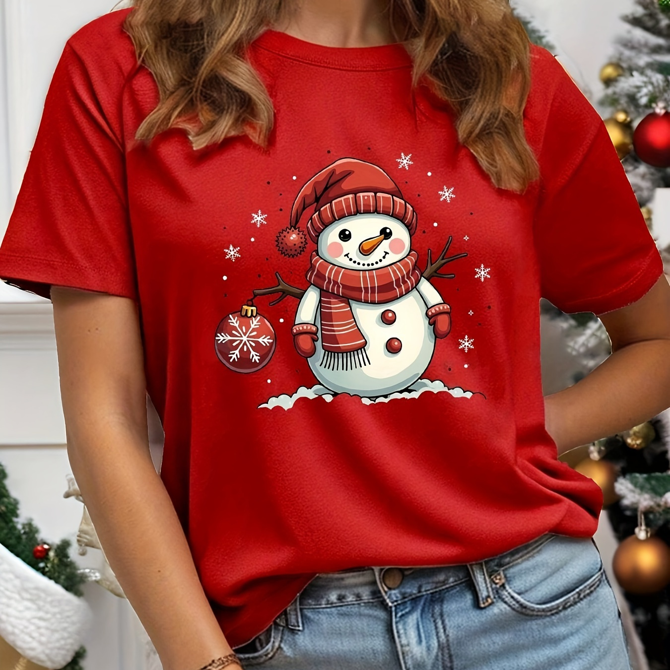 

Red Snowman Graphic Tee - Soft Polyester & Spandex , Casual Crew Neck, Machine Washable - All