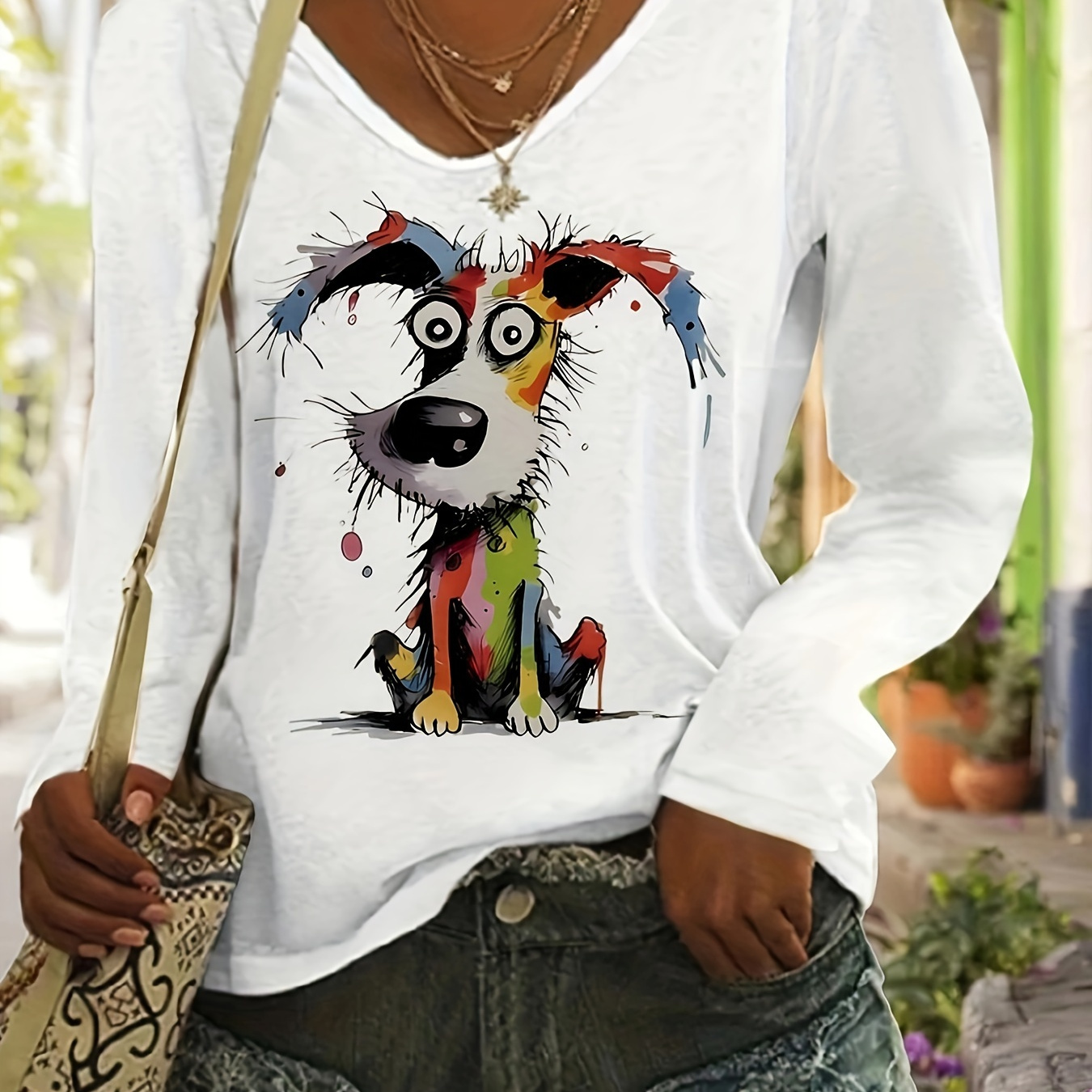 

[customer ] Women's Casual V-neck T-shirt With Cute Cartoon - Soft Polyester , Stretchy & Machine Washable - Spring/summer/fall