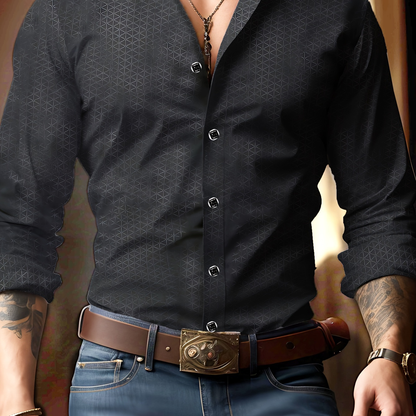 

Men's Slim-fit Formal Long Sleeve Shirt - Polyester, Machine Washable, Stylish Print With Button Detail