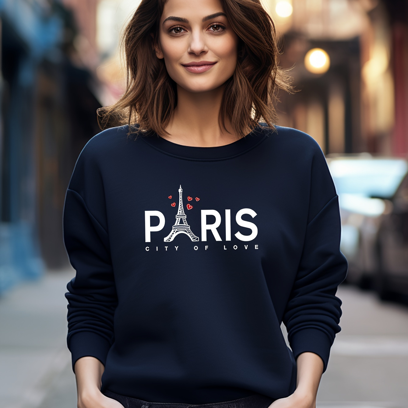 

Paris Graphic Loose Crew Neck Sweatshirt, Long Sleeves Casual Sports Sweatshirt, Women's Activewear