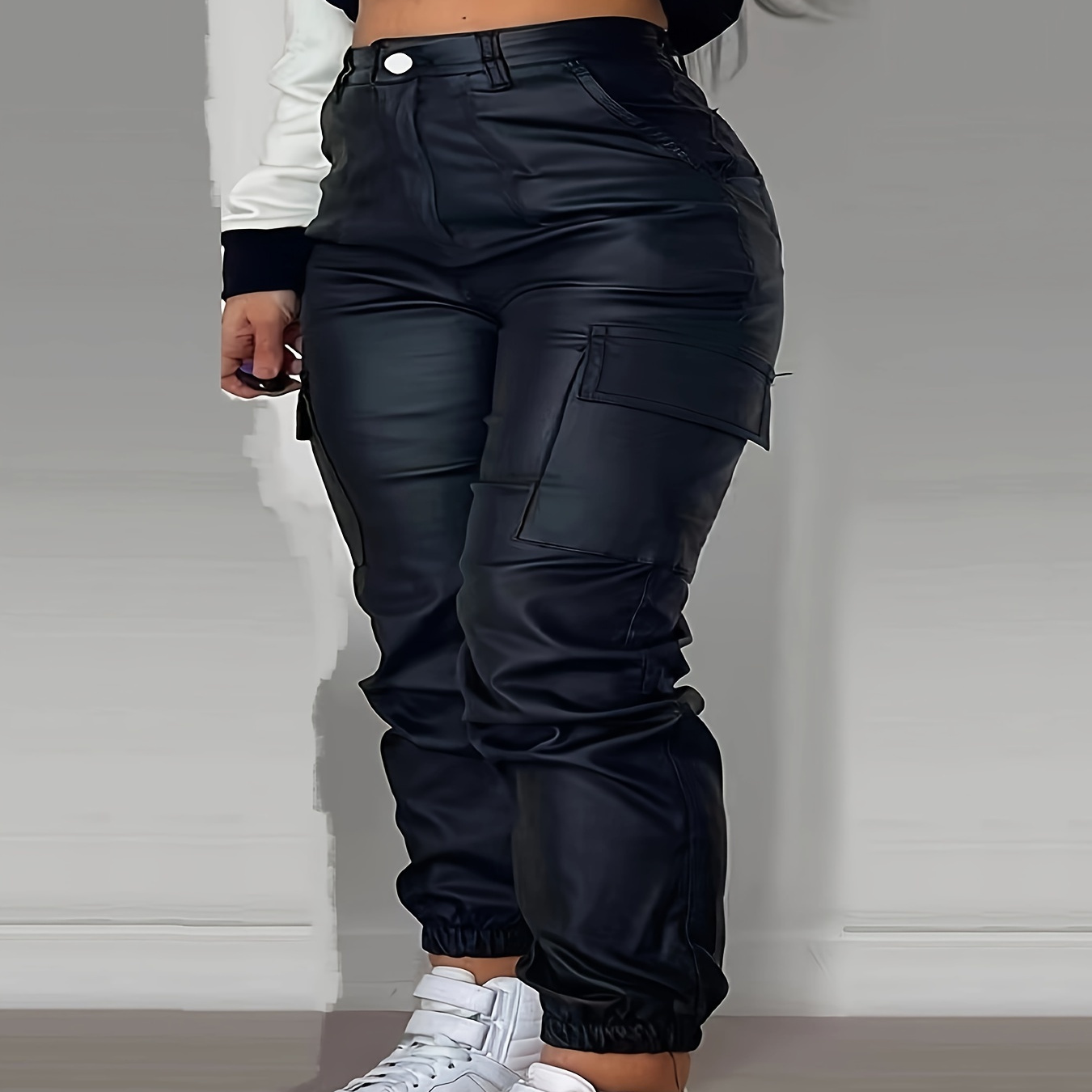 

Women's Plus Size Street Style Coated Elastic Cargo Jogger Denim Pants, Stretchy Urban Chic Trousers With Pockets