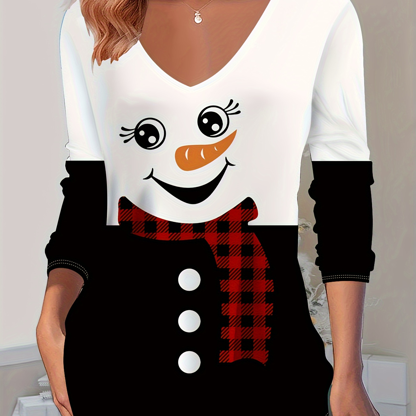 

Women's V-neck T-shirt With Cute Snowman 3d Print - Casual Long Sleeve, Stretchy Polyester , Machine Washable