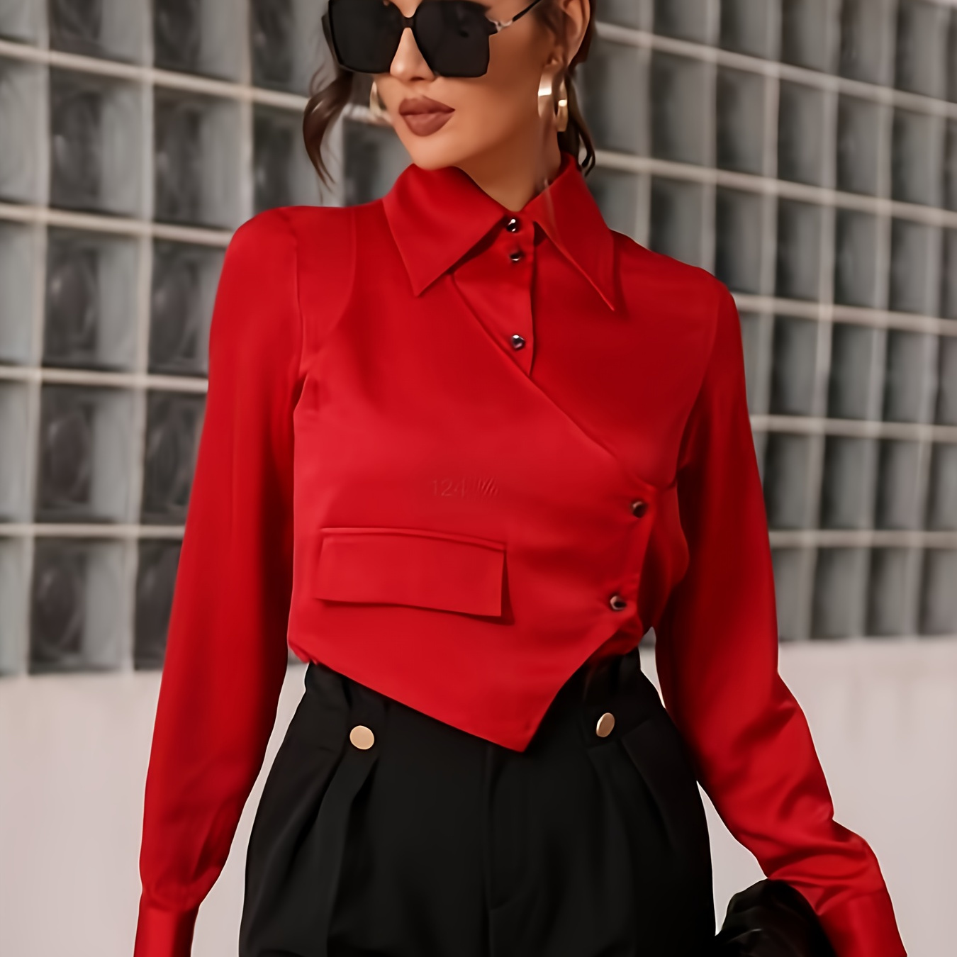 

Button Front Asymmetric Crop Blouse, Stylish Long Sleeve Lapel Blouse For Spring & Fall, Women's Clothing