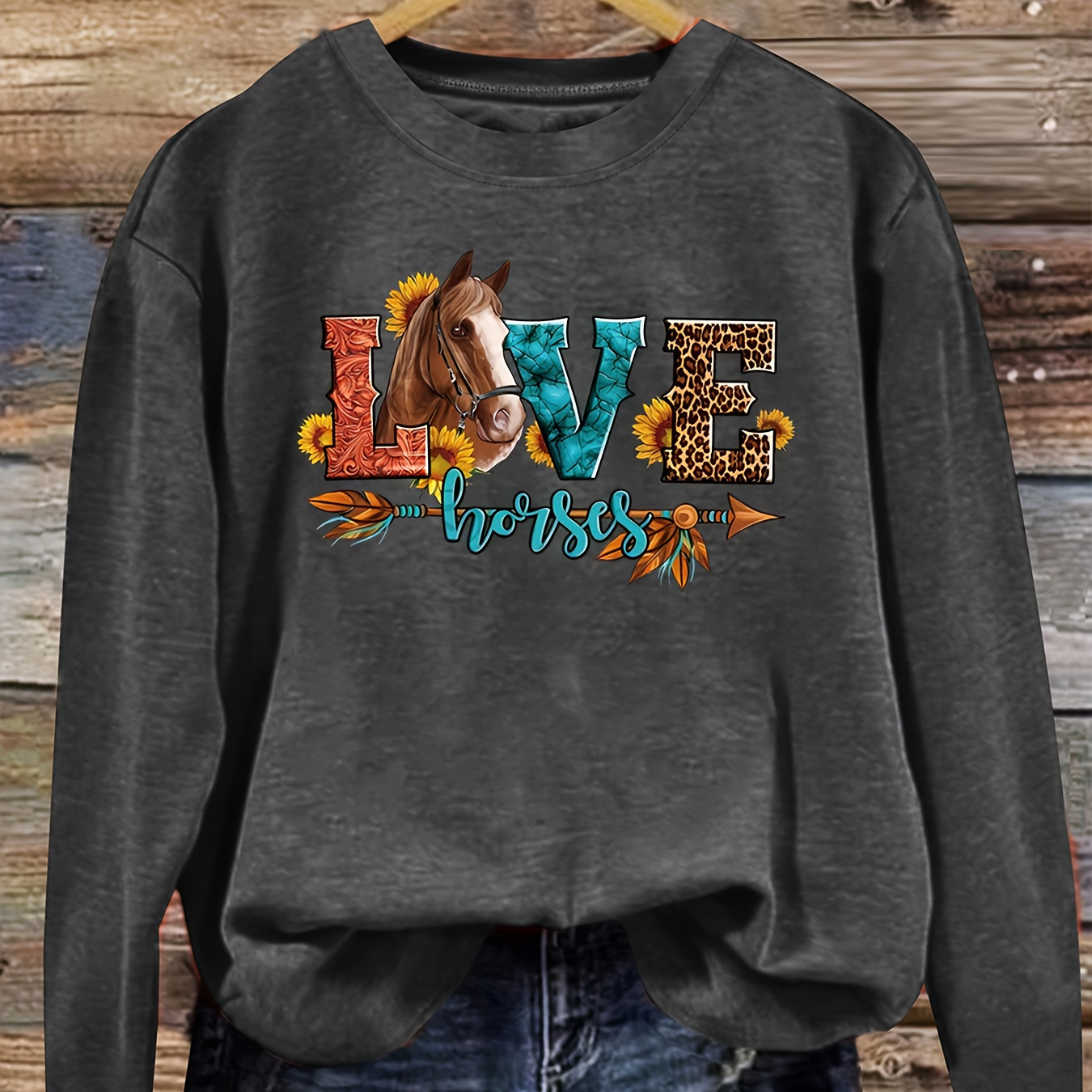 

1pc Women's Casual Crew Neck Long Sleeve Top With Vintage Horse & Letter Print, Polyester Knit Fabric With Medium Stretch, Fashion Sportswear