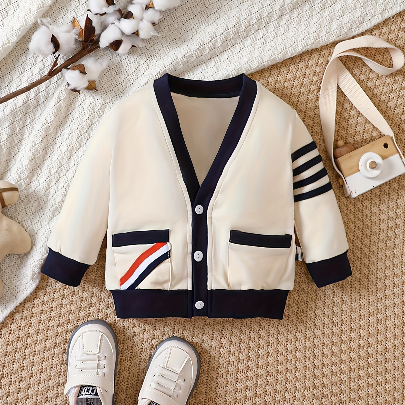 

Boy Stylish Knit Long Sleeve Button Front Jacket, Cardigan Coat, Casual Outwear For Spring & Summer & Autumn