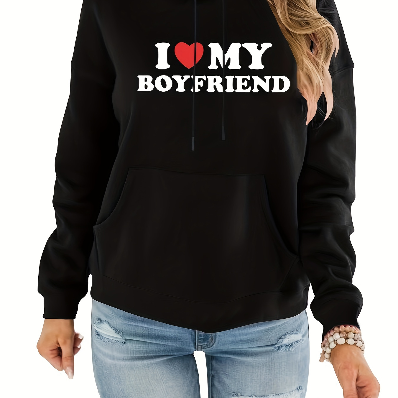 

Casual Polyester Hoodie With Kangaroo Pocket And Drawstring - Women's Long Sleeve Hooded Sweatshirt With 'i Love My Boyfriend' Letter And Heart Print - Fall/winter Knit Fabric Pullover