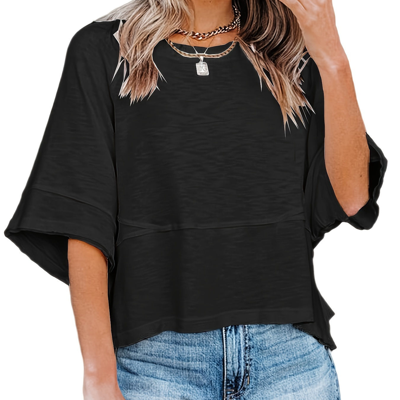 

Women's Summer Casual Crewneck Batwing Half Sleeve T-shirts Solid Color Loose Fit Flowy Tops Tees Blouses