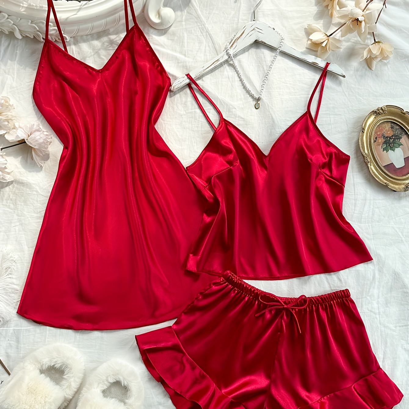 

Women's Sexy Solid Silky Pajama Set, V Neck Backless Slip Dress & Cami Top & Ruffle Hem Shorts, Comfortable Relaxed Fit