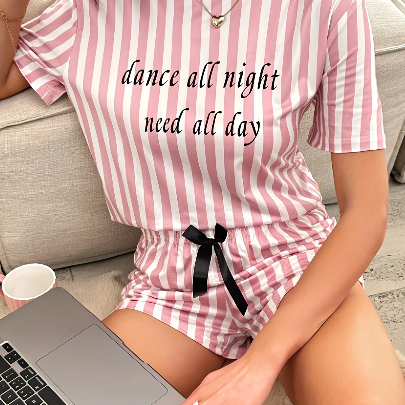 

Women's Stripe & Slogan Print Casual Pajama Set, Short Sleeve Round Neck Top & Bow Shorts, Comfortable Relaxed Fit