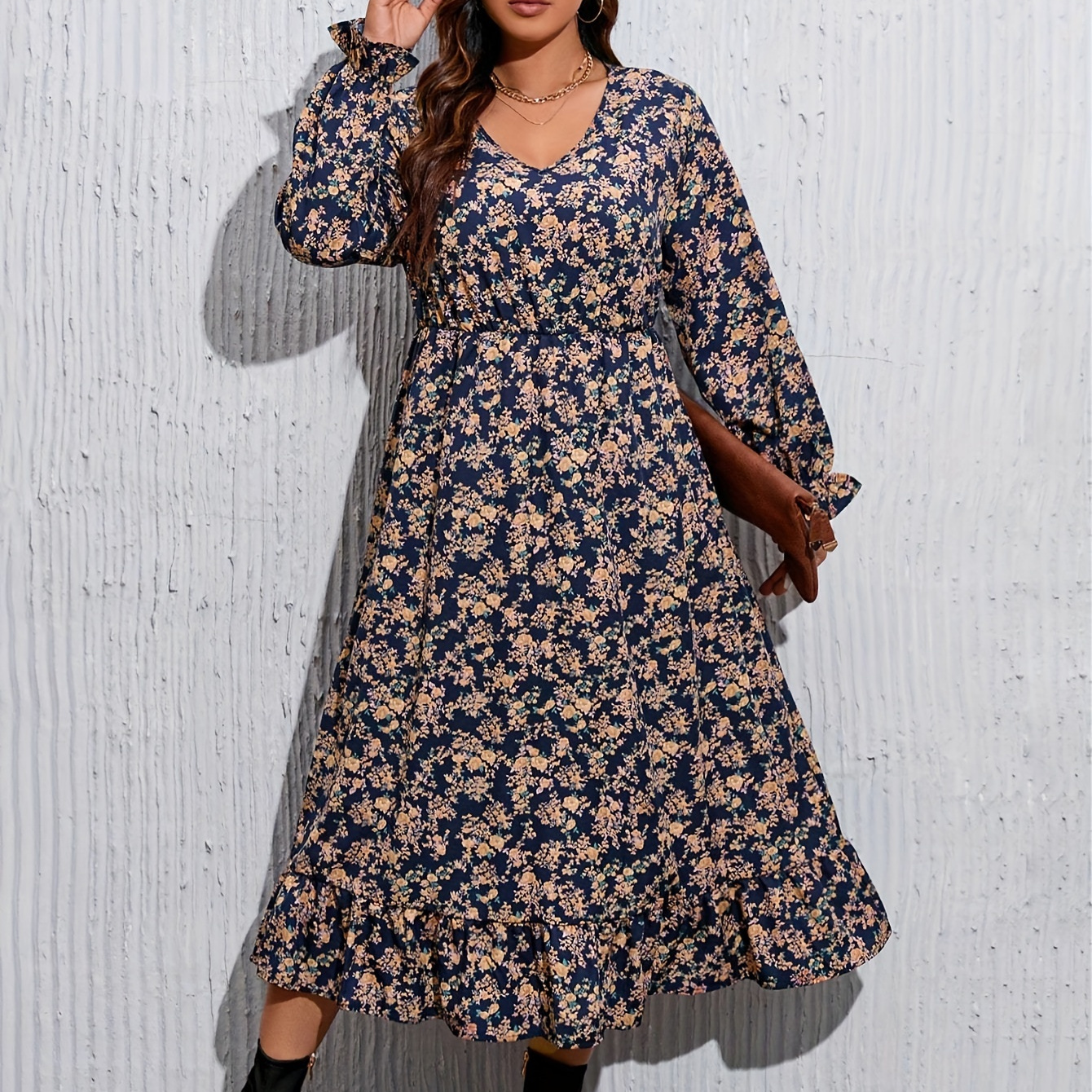 

Size Floral Midi Dress - V-neck, Long Sleeve, Non-stretch Polyester Fabric - Machine Washable - Spring/fall