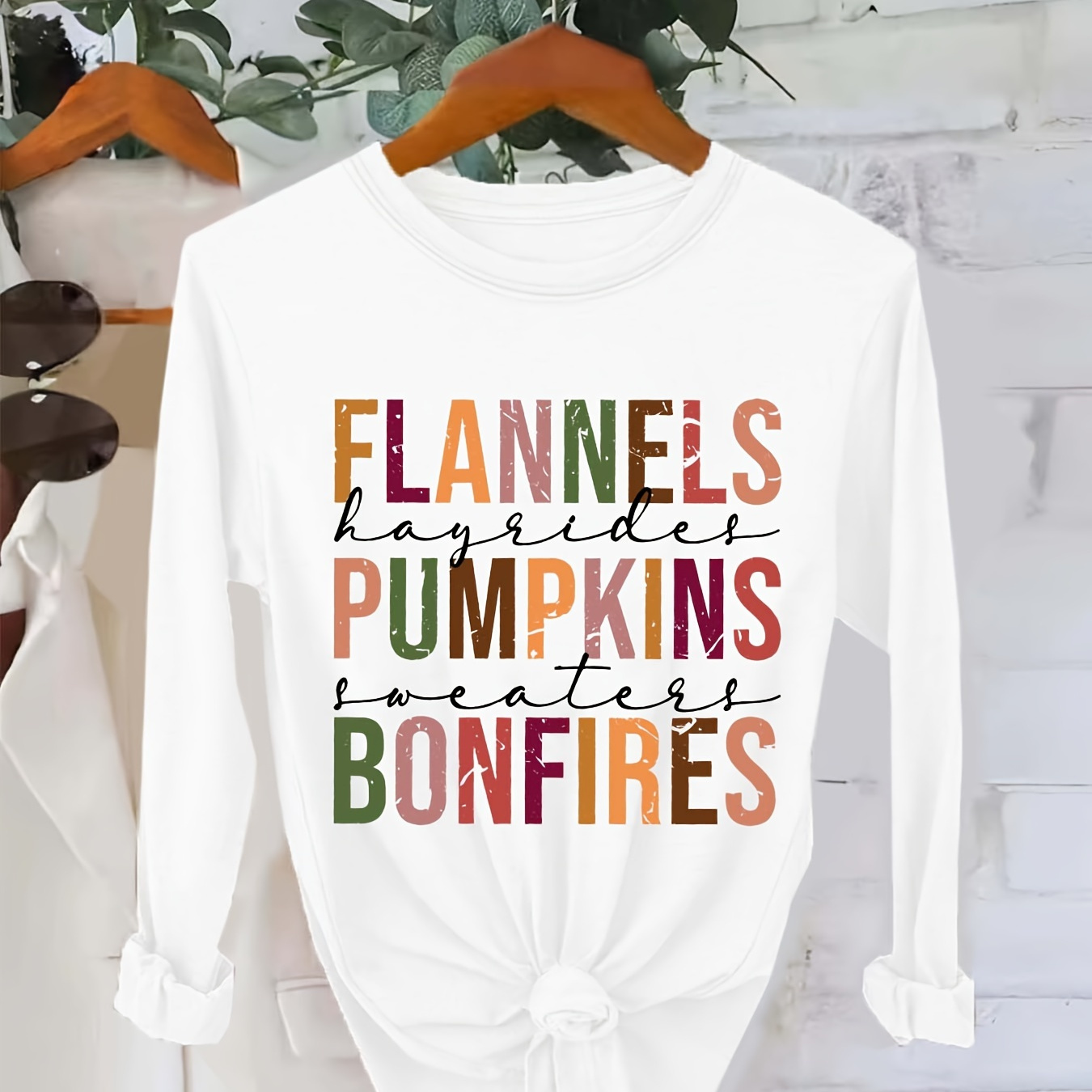 

Halloween Letter Print T-shirt, Casual Crew Neck Long Sleeve Top, Women's Clothing