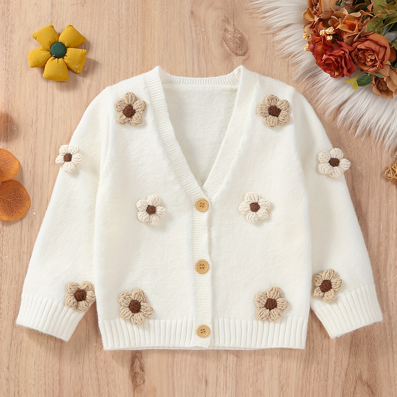 

Toddler Baby Girls Cardigan Flower Patchwork Princess Long Sleeve Knitted Coat, Cute Girls Sweater Coat, Winter Cardigan Clothes