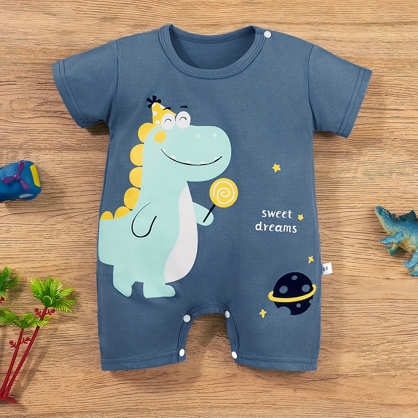

Infant's Cute Cartoon Dinosaur Print Bodysuit, Comfy Cute Short Sleeve Onesie, Baby Boy's Clothing