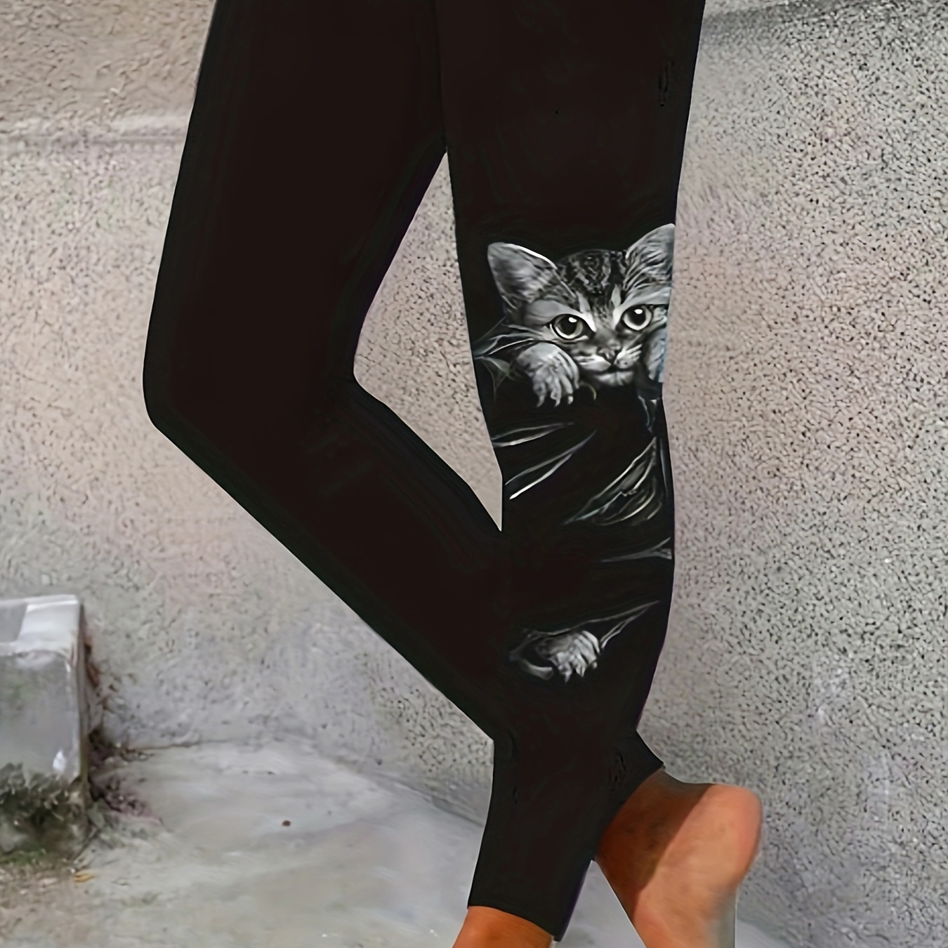 

Plus Size Cat Print Skinny Leggings, Casual Stretchy Leggings, Women's Plus Size Clothing