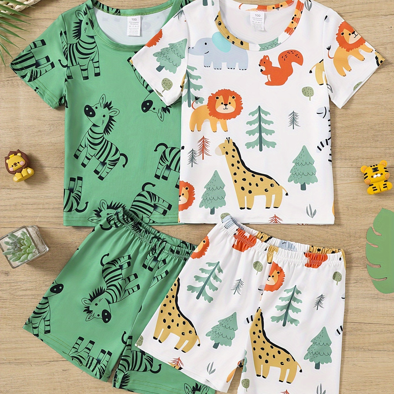 

4pcs Boy's Zebra & Forest & Animal Print Short Sleeve T-shirts & Elastic Waist Shorts Set, Comfy & Skin-friendly Underwear Set, Boy's Outfits, As Daily Gifts