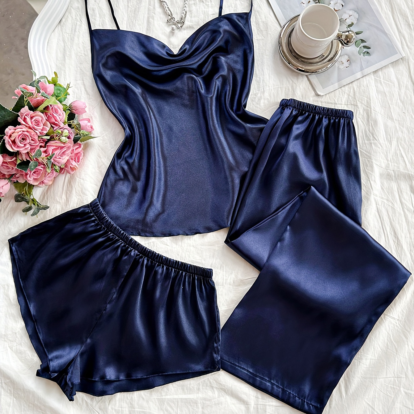 

3pcs Women's Sexy Pajama Set, Polyester Knitted Solid Color Sleepwear With Ruched Neck Camisole Top And Shorts, Comfortable Loungewear