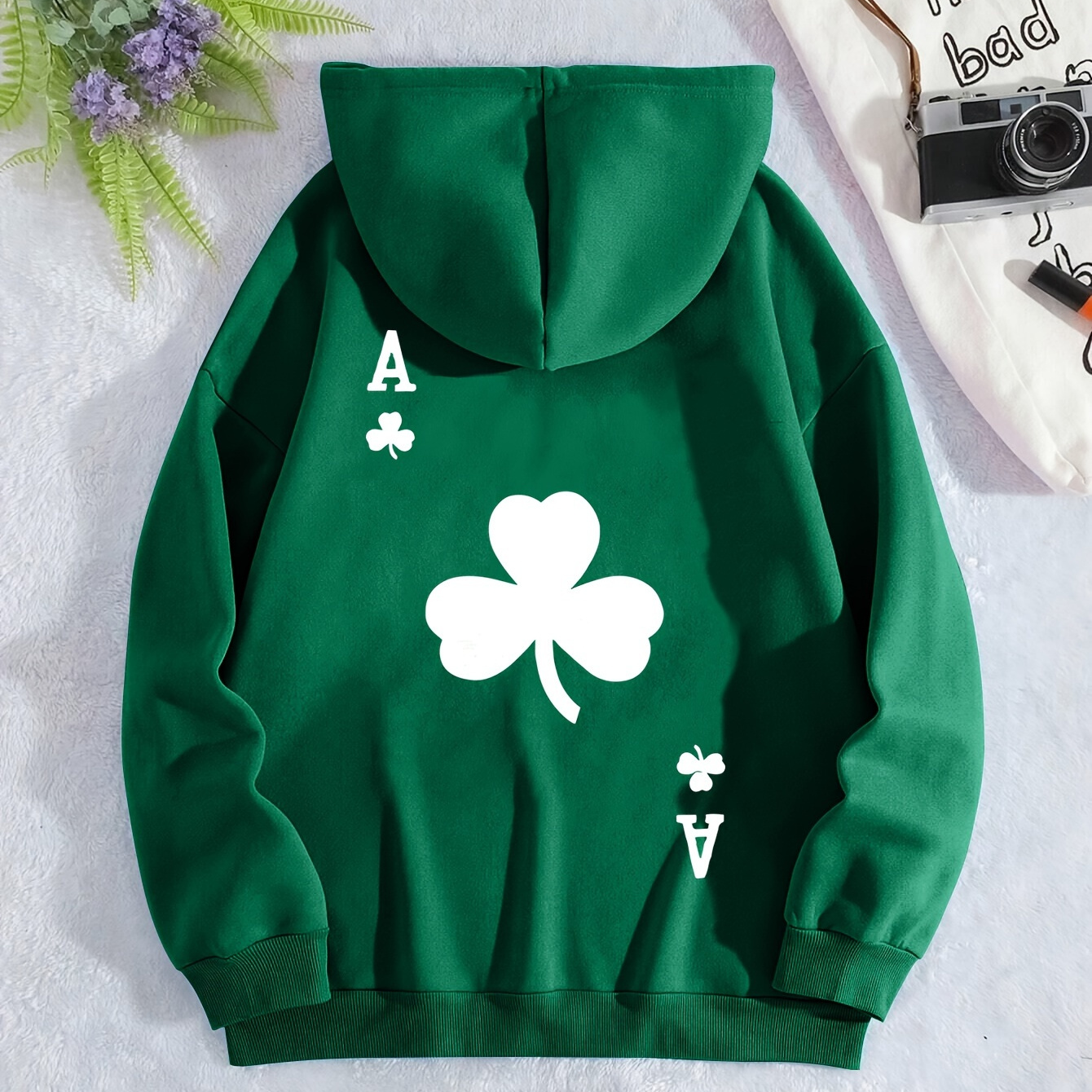 

Cozy 's Day Women's Hoodie With Clover Print - Thermal Lined, Drawstring, Casual Polyester Pullover For Fall/winter