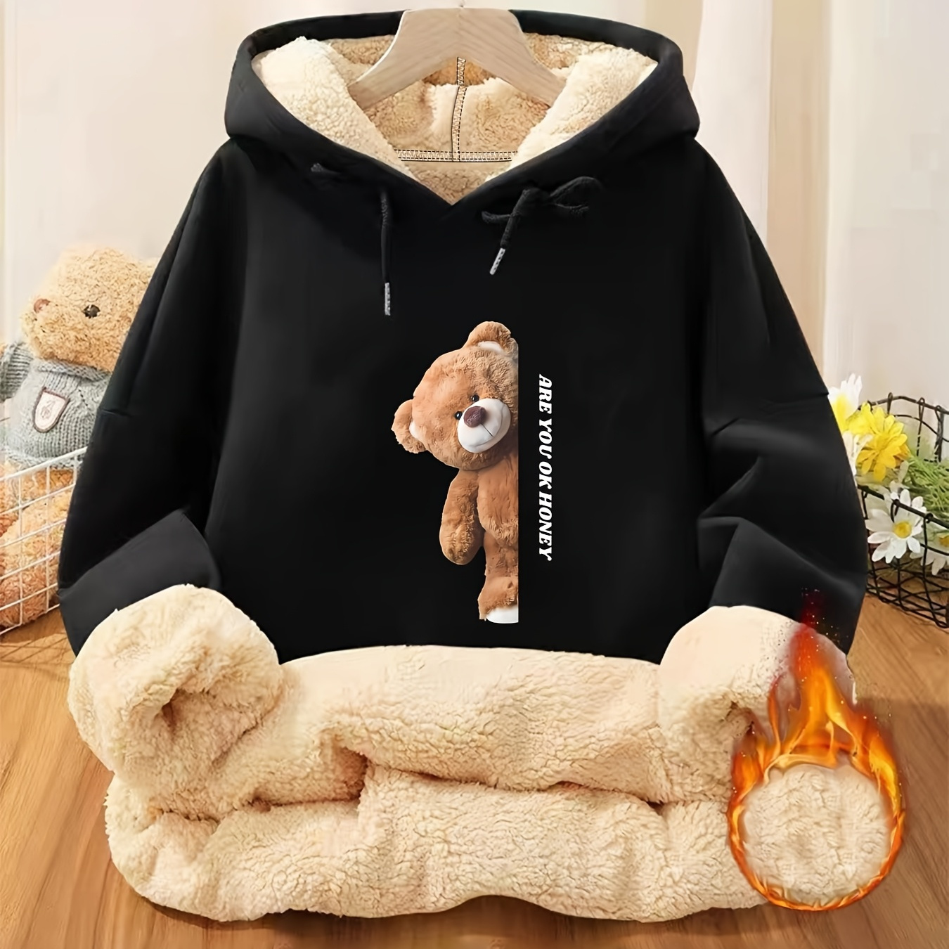 cozy womens fleece lined hoodie cute teddy bear print long Temu