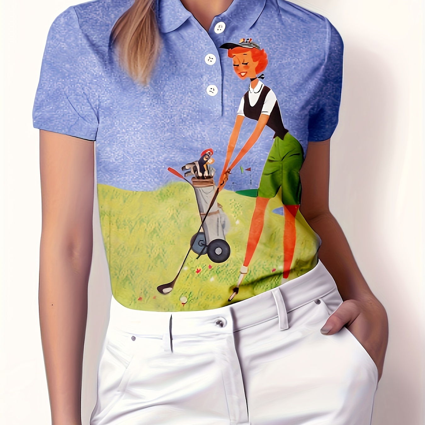 

Golf Print Button Collared T-shirt, Casual Sleeve Daily Wear Top, Women's Clothing