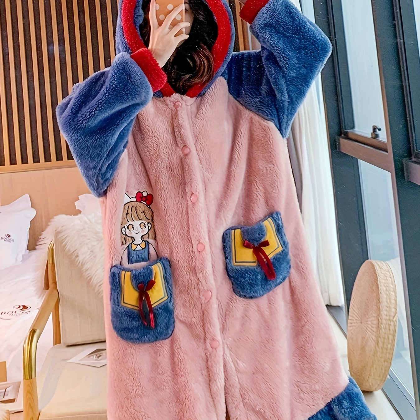 Christmas Print Night Robe, Cute & Warm Long Sleeve V Neck Robe With Belt, Women's Sleepwear Temu