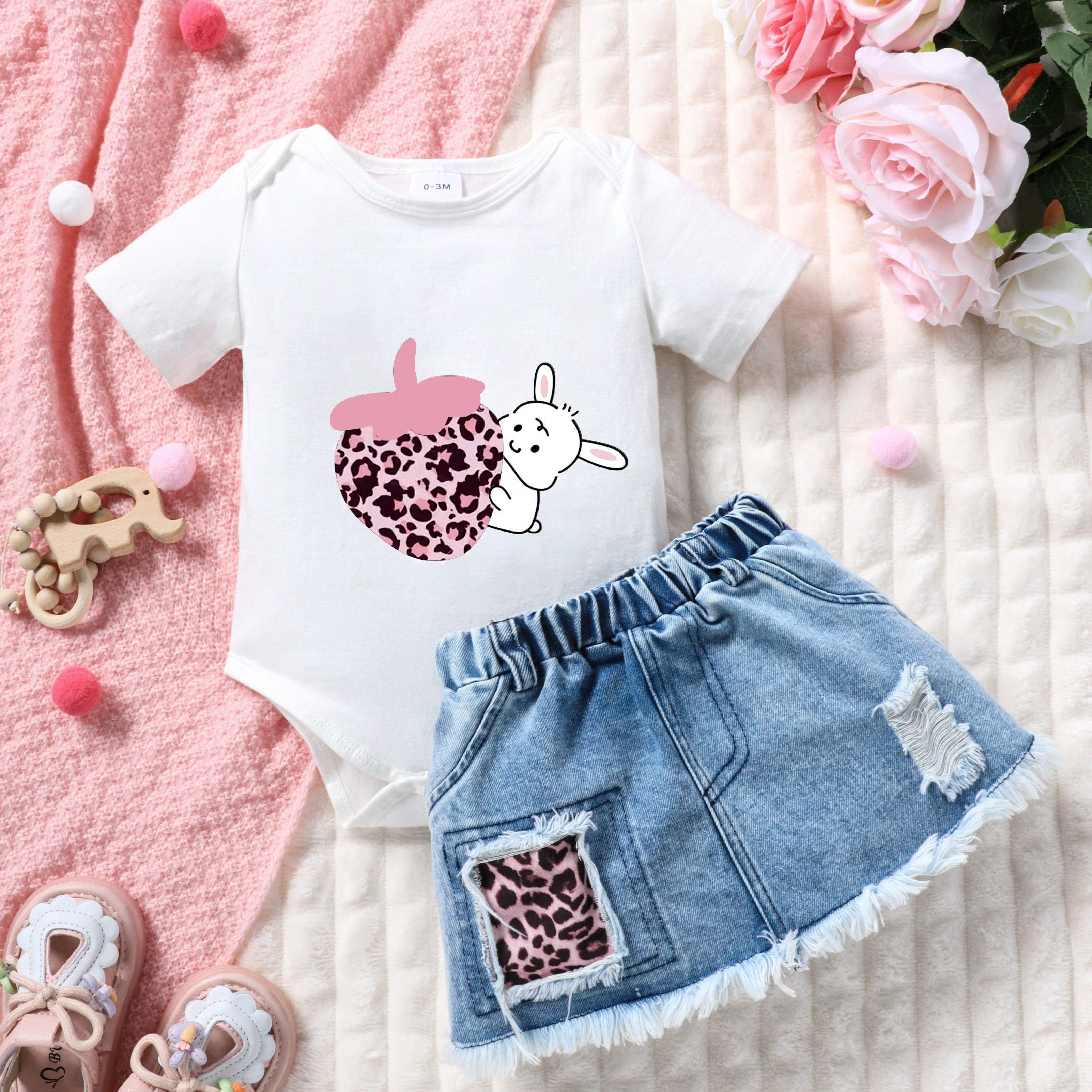 2025 Baby Girl Easter Cute Bunny Fashion Leopard Print Romper Denim Skirt Two-Piece Set