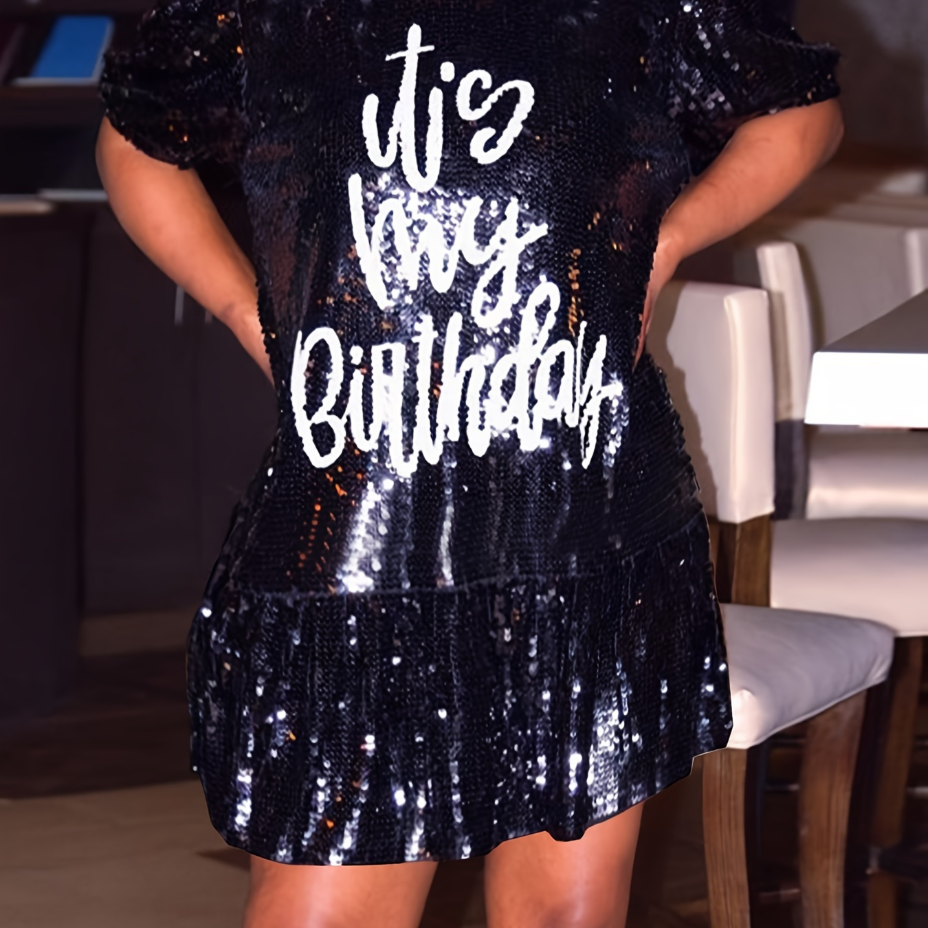 

Letter Print Sequin Decor Dress, Casual Short Sleeve Crew Neck Drop Waist Dress, Women's Clothing