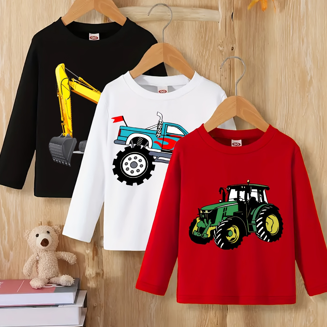 

3pcs Boy's Long T-shirts, Excavator Off- Pattern For , Cloth