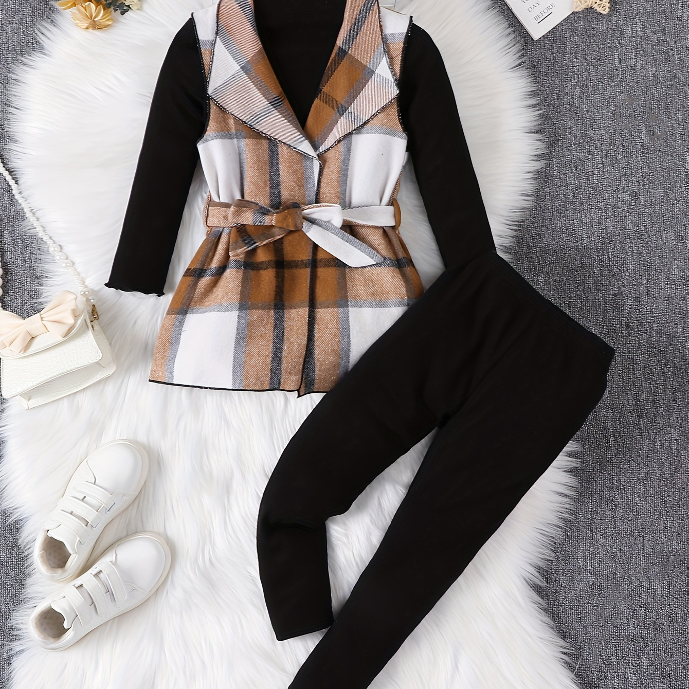 

3pcs Girls Elegant Outftis, Plaid Sleeveless Jacket + Pullover + Pants Set Kids Clothes For Spring Fall Gift