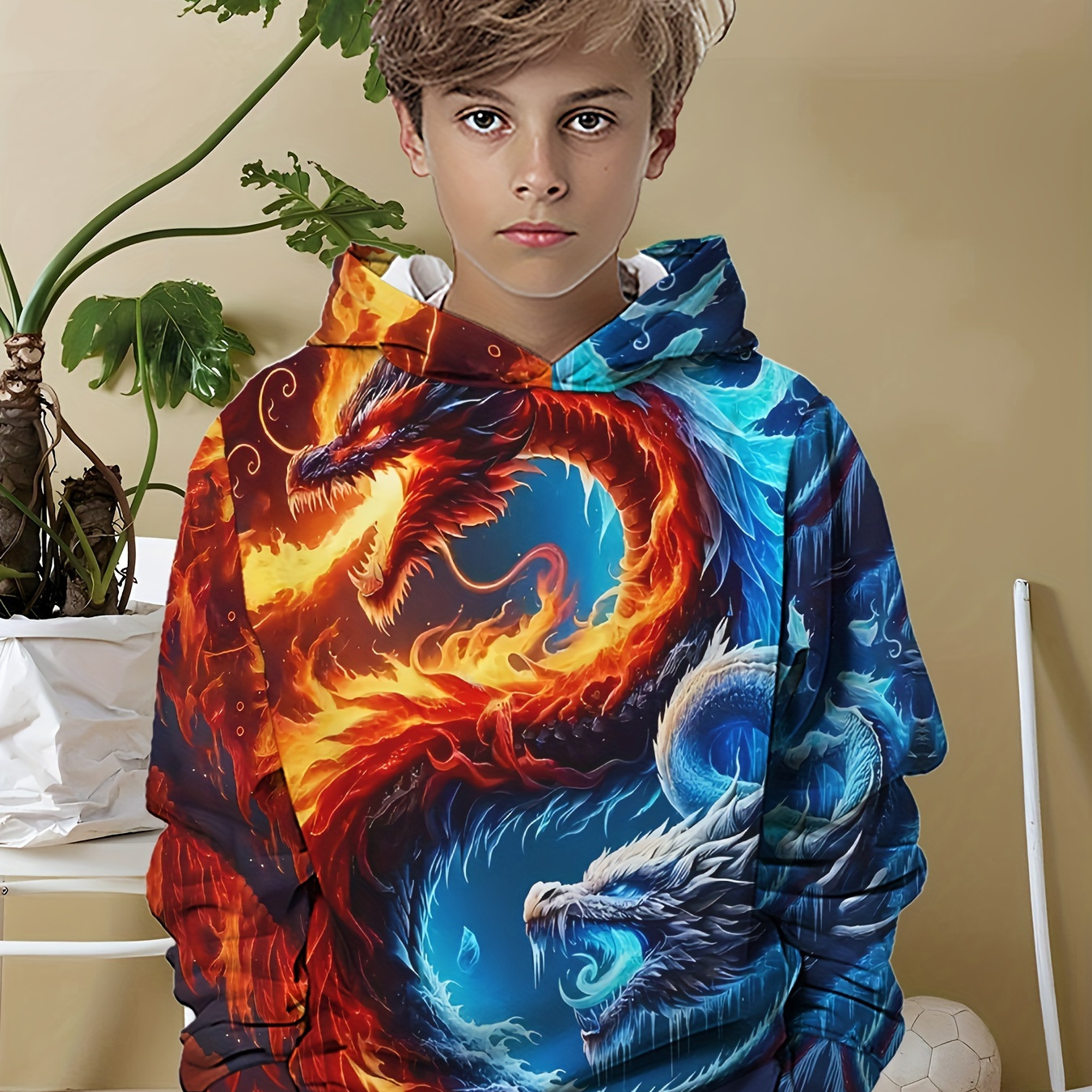 

Boys' 3d Printed Fire And Hoodie - Party Style, Spring/fall, Medium Stretch Polyester, Knit Fabric, Casual Long Sleeve Sweatshirt With Hood, Animal Pattern, Regular Fit