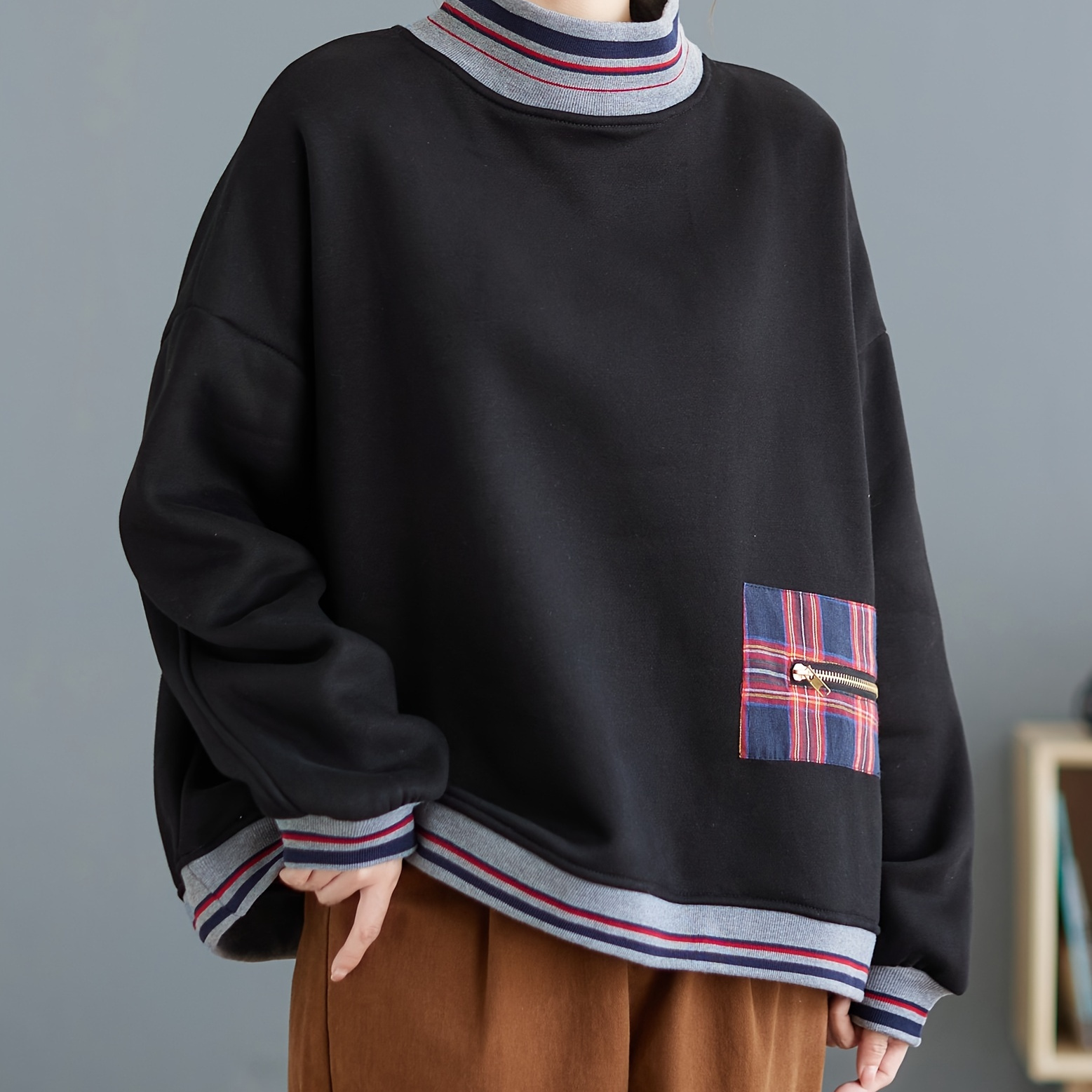 

New Autumn And Winter Quality Paste Cloth High Collar Sweater For Women With Fleece And Loose Fit