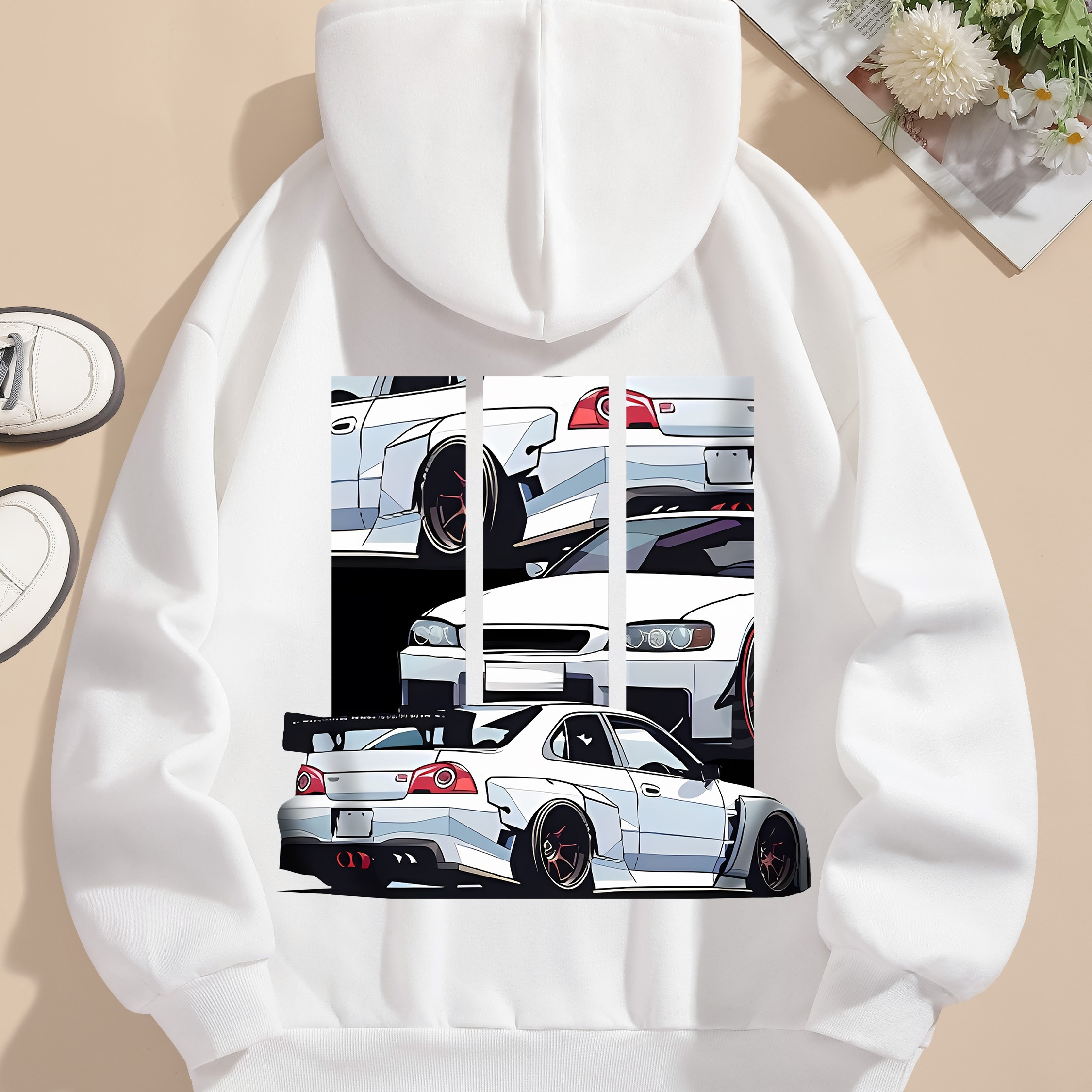 

Men's Casual Long Sleeve Hoodie With Car Print - 100% Polyester Knitted Fabric, Drawstring Hood, All Season Wear