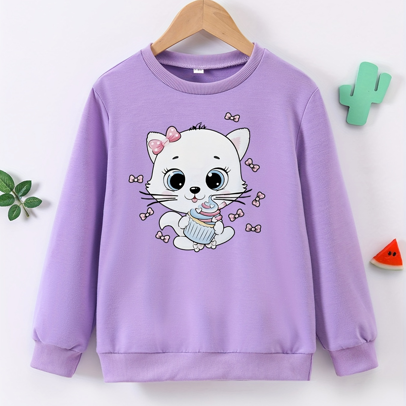 

Cat With Bows Graphic Pullover Tops For Girls, Casual Sweatshirt For Teen Kids Holiday Daily Wear, Gift Idea