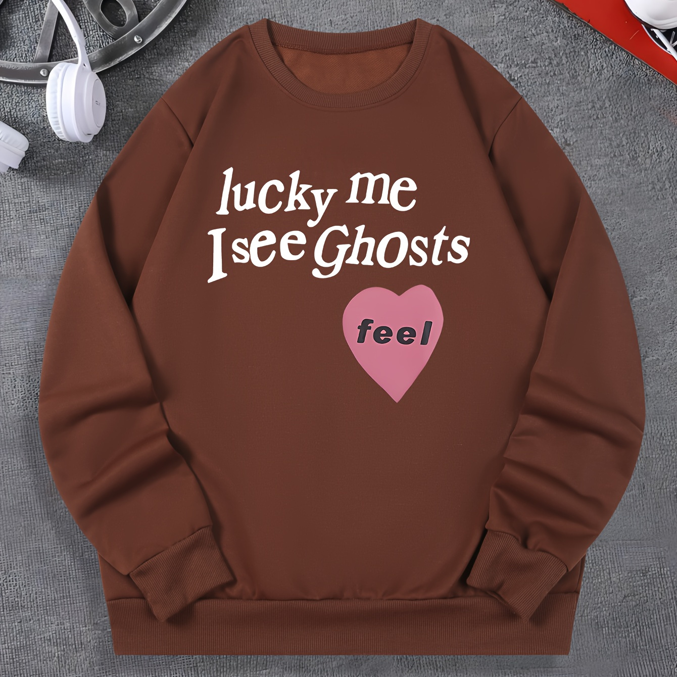 

Lucky Me I See Ghost Print Fashionable Men's Casual Long Sleeve Crew Neck Pullover Sweatshirt, Suitable For Outdoor Sports, For Autumn Spring, Can Be Paired With Hip-hop Necklace, As Gifts