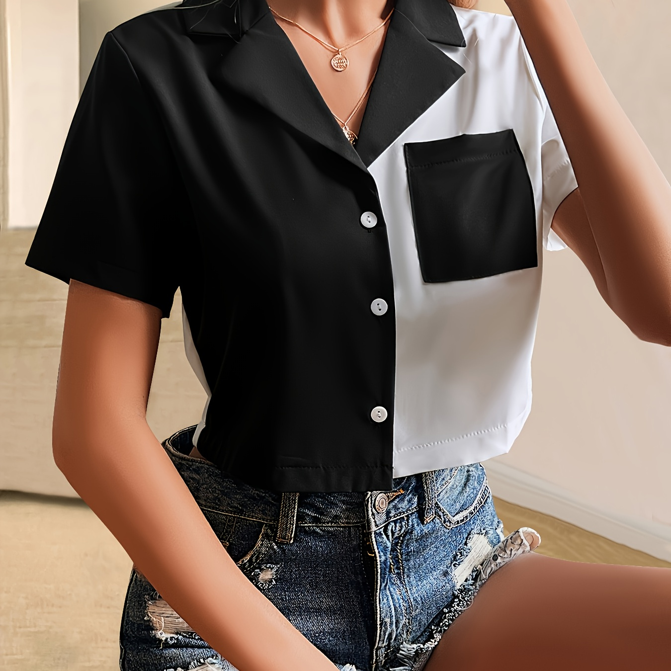 

Button Front Shirt, Casual Short Sleeve Lapel Collar Shirt For , Women's Clothing