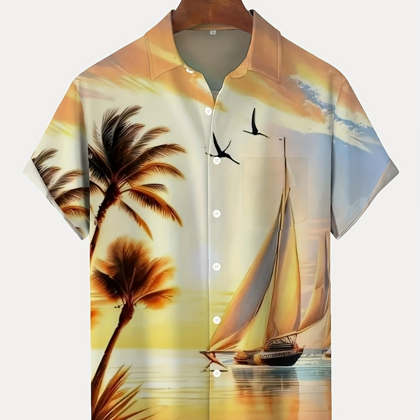 

Sunset Coconut Tree And Sailboat 3d Graphic Print, Men's Short Sleeve Button Down Shirt With Chest Pocket, Summer Resort Vacation