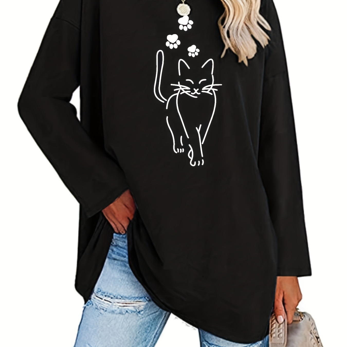 

Cat & Paw Print T-shirt, Casual Long Sleeve Crew Neck Top, Women's Clothing
