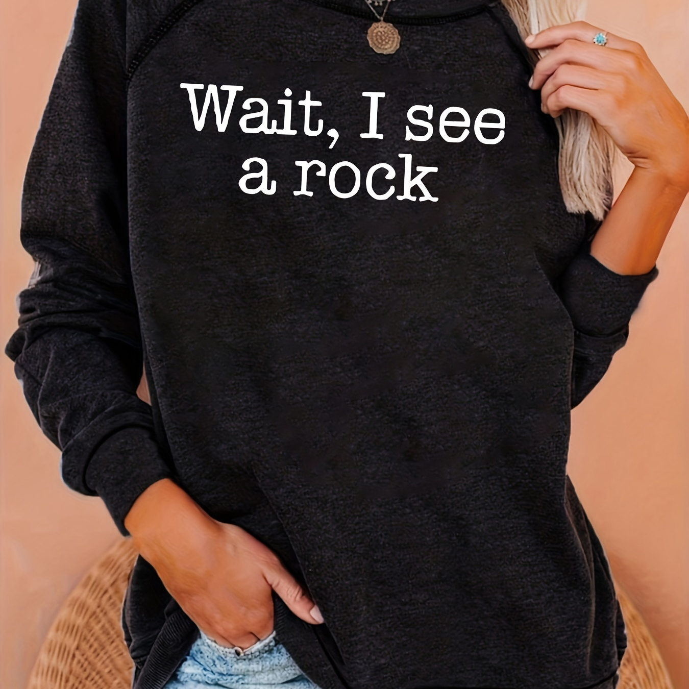 

Women's "wait, A Rock" Print Raglan Long Sleeve Crew Neck Sweatshirt - 95% Polyester 5% Spandex Casual Pullover With Slight Stretch For Spring/fall